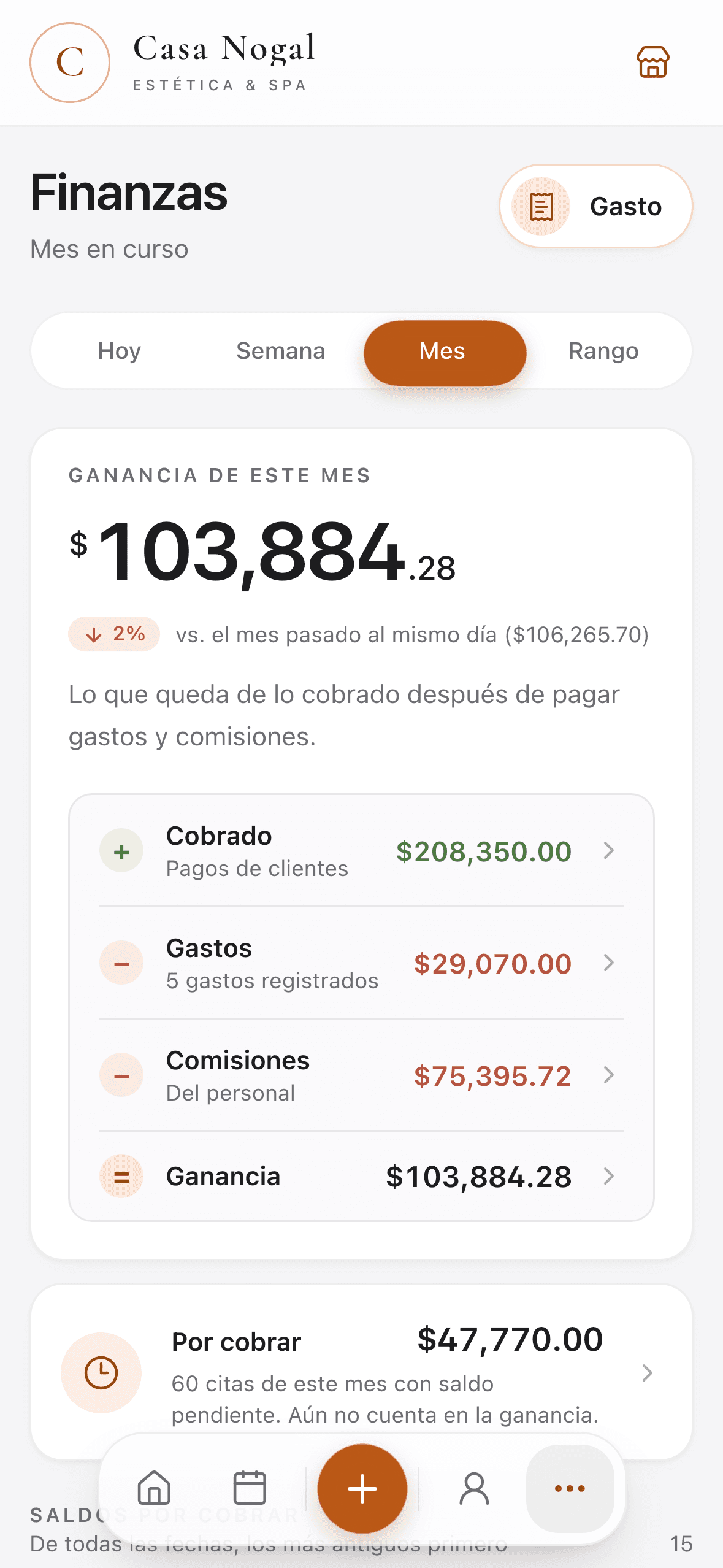 Finanzas de Citalba: ganancia del mes, cobrado, gastos, comisiones y lo que está por cobrar.