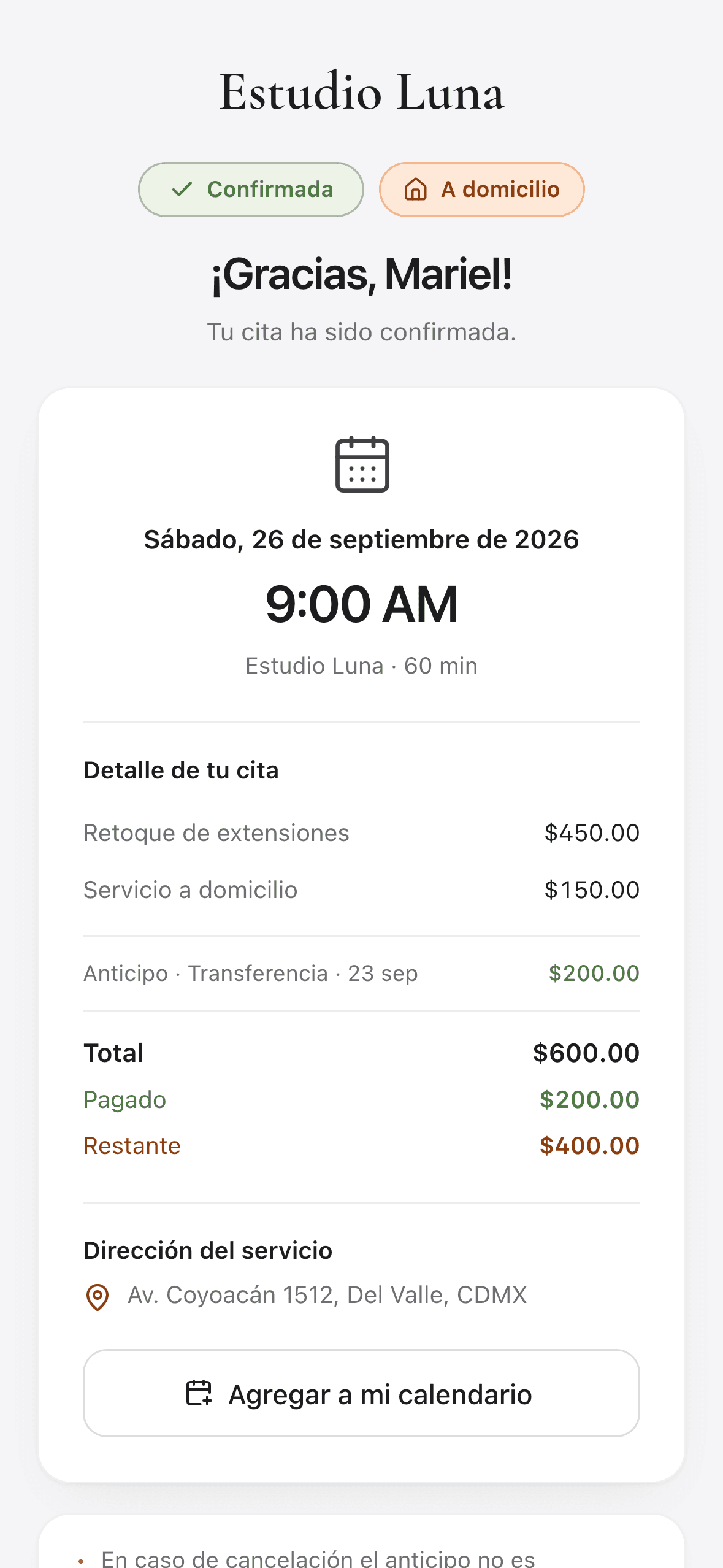 Comprobante de cita para el cliente: fecha, servicio, anticipo pagado y saldo restante.