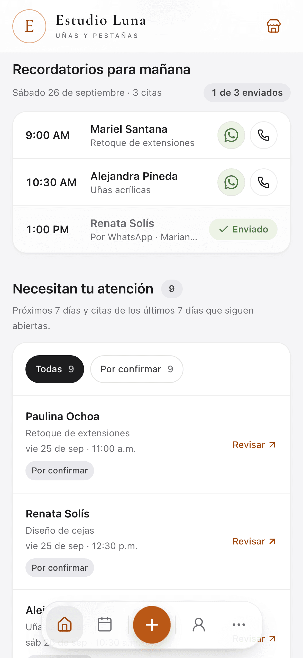 Recordatorios para mañana en Citalba, con botones de WhatsApp y llamada y los ya enviados.