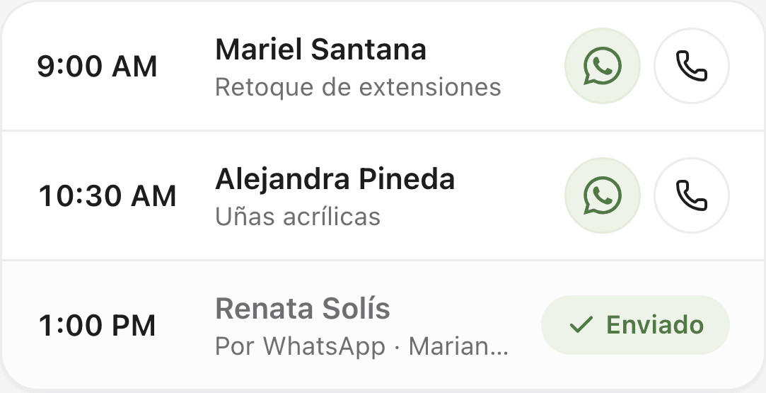 Recordatorios para mañana con botones de WhatsApp y llamada.