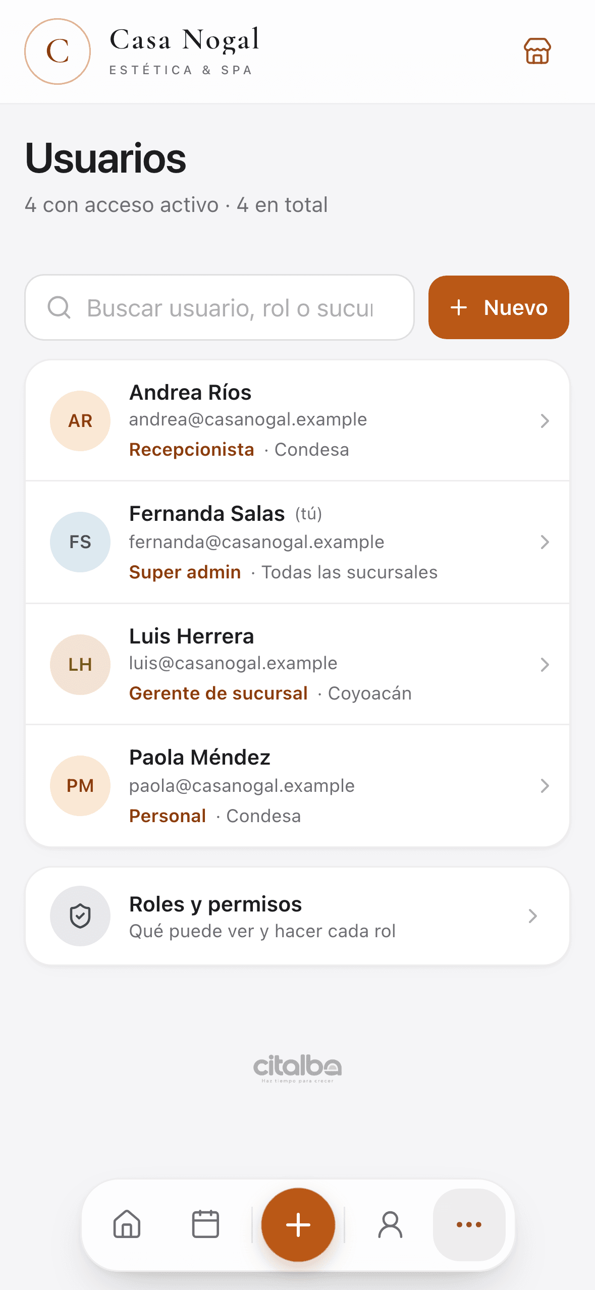 Usuarios de Citalba con su rol y sucursal: recepcionista, super admin, gerente de sucursal y personal.